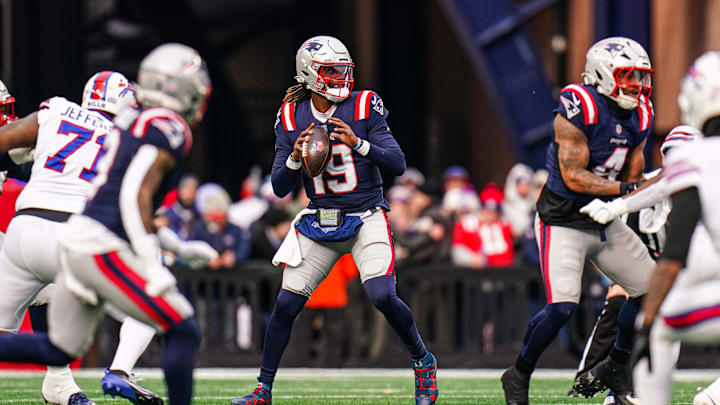 Jan 5, 2025; Foxborough, Massachusetts, USA; New England Patriots quarterback Joe Milton III (19) throws a pass against the Buffalo Bills in the first half at Gillette Stadium. Mandatory Credit: David Butler II-Imagn Images
