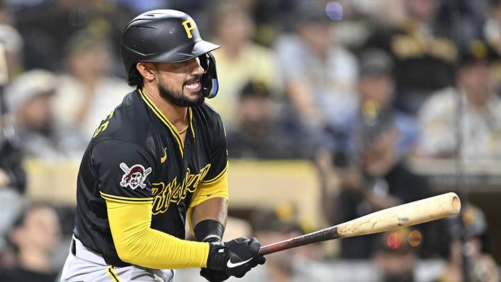 Aug 24, 2026; San Diego, California, USA; Pittsburgh Pirates designated hitter Nick Gonzales (3) hits an RBI single during the 12th inning against the San Diego Padres at Petco Park. Mandatory Credit: Denis Poroy-Imagn Images Aug 24, 2026; San Diego, California, USA; Pittsburgh Pirates designated hitter Nick Gonzales (3) hits an RBI single during the 12th inning against the San Diego Padres at Petco Park. Mandatory Credit: Denis Poroy-Imagn Images
