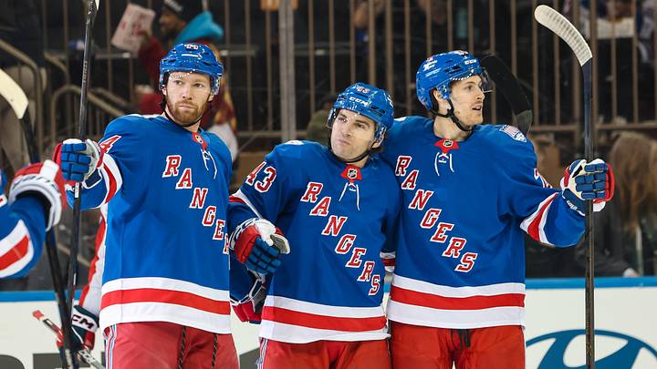Apr 5, 2026; New York, New York, USA; New York Rangers left wing Conor Sheary (43) celebrates his goal against the Washington Capitals with defenseman Vladislav Gavrikov (44) and left wing Tye Kartye (24) during the first period at Madison Square Garden. Apr 5, 2026; New York, New York, USA; New York Rangers left wing Conor Sheary (43) celebrates his goal against the Washington Capitals with defenseman Vladislav Gavrikov (44) and left wing Tye Kartye (24) during the first period at Madison Square Garden.