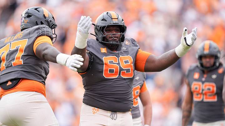 Tennessee offensive linemen Ory Williams (77) and Donovan Haslam (69) celebrate after a play during a college football game against Auburn on Oct. 3, 2026, in Knoxville, Tennessee. Tennessee offensive linemen Ory Williams (77) and Donovan Haslam (69) celebrate after a play during a college football game against Auburn on Oct. 3, 2026, in Knoxville, Tennessee.