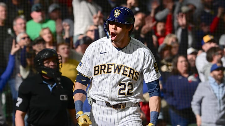 Mar 29, 2026; Milwaukee, Wisconsin, USA;  Milwaukee Brewers designated hitter Christian Yelich (22) reacts after hitting a three-run home run in the eighth inning against the Chicago White Sox at American Family Field. Mandatory Credit: Benny Sieu-Imagn Images