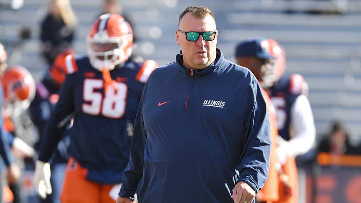 Nov 1, 2025; Champaign, Illinois, USA; Illinois Fighting Illini head coach Bret Bielema before an NCAA game against the Rutgers Scarlet Knights at Memorial Stadium. Mandatory Credit: Ron Johnson-Imagn Images Nov 1, 2025; Champaign, Illinois, USA; Illinois Fighting Illini head coach Bret Bielema before an NCAA game against the Rutgers Scarlet Knights at Memorial Stadium. Mandatory Credit: Ron Johnson-Imagn Images