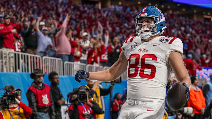 Dec 30, 2023; Atlanta, GA, USA; Mississippi Rebels tight end Caden Prieskorn (86) reacts after