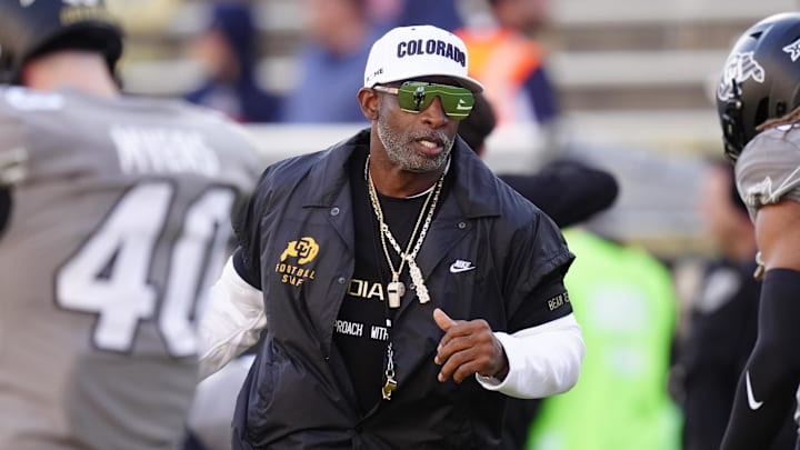 Nov 1, 2025; Boulder, Colorado, USA; Colorado Buffaloes head coach Deion Sanders before the game against the Arizona Wildcats at Folsom Field. Mandatory Credit: Ron Chenoy-Imagn Images