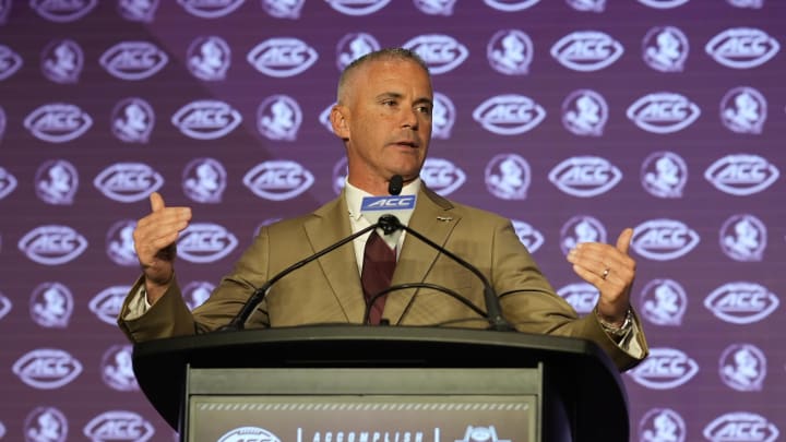 Jul 22, 2024; Charlotte, NC, USA; Florida State head coach Mike Norvell speaks to the media during ACC Kickoff at Hilton Charlotte Uptown. Mandatory Credit: Jim Dedmon-USA TODAY Sports Jul 22, 2024; Charlotte, NC, USA; Florida State head coach Mike Norvell speaks to the media during ACC Kickoff at Hilton Charlotte Uptown. Mandatory Credit: Jim Dedmon-USA TODAY Sports