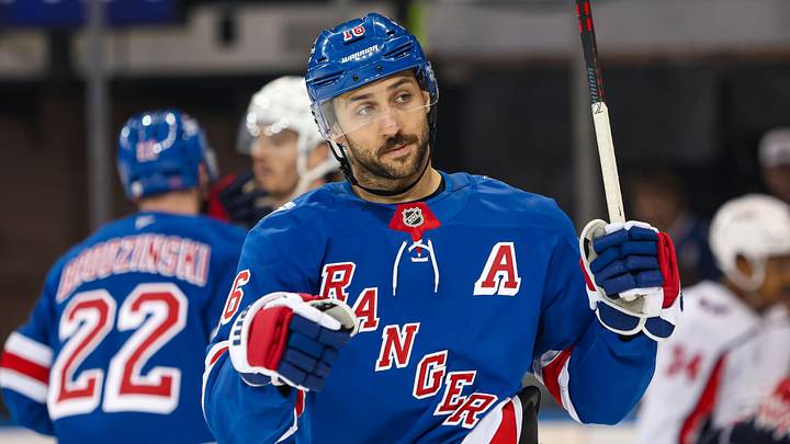 Apr 5, 2026; New York, New York, USA; New York Rangers center Vincent Trocheck (16) skates against the Washington Capitals during the second period at Madison Square Garden. 