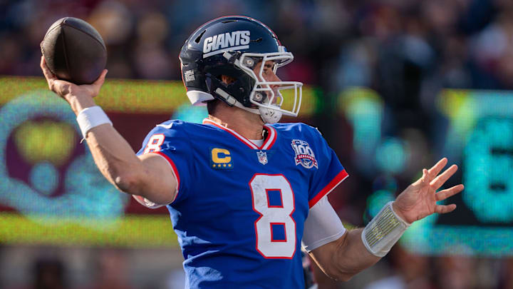 New York Giants quarterback Daniel Jones (8) looks to throw the ball during a game between the New York Giants and the Washington Commanders at MetLife Stadium in East Rutherford on Sunday, Nov. 3, 2024. New York Giants quarterback Daniel Jones (8) looks to throw the ball during a game between the New York Giants and the Washington Commanders at MetLife Stadium in East Rutherford on Sunday, Nov. 3, 2024.