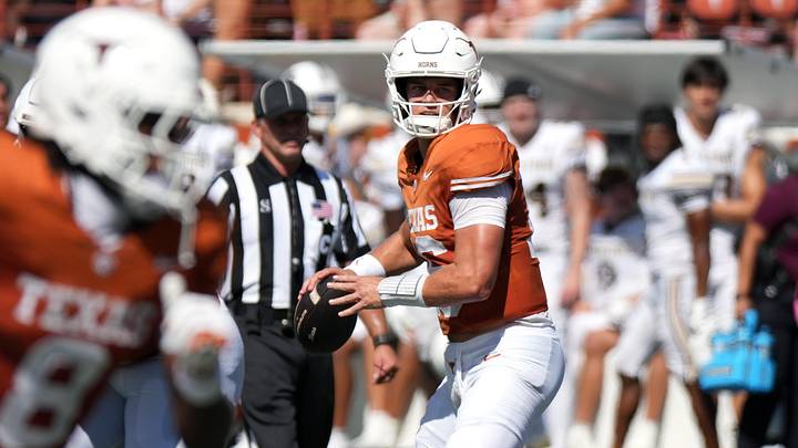 Texas Longhorns quarterback Arch Manning (16) looks to throw a pass during the second quarter against the Texas State Bobcats at Darrell K Royal-Texas Memorial Stadium. Texas Longhorns quarterback Arch Manning (16) looks to throw a pass during the second quarter against the Texas State Bobcats at Darrell K Royal-Texas Memorial Stadium.