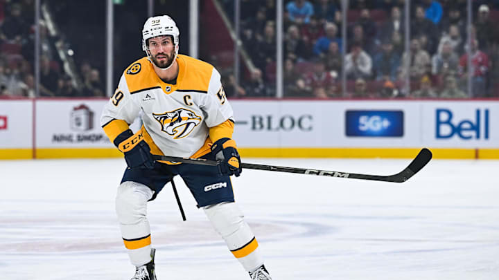 Dec 5, 2024; Montreal, Quebec, CAN; Nashville Predators defenseman Roman Josi (59) looks on against the Montreal Canadiens during the first period at Bell Centre. Mandatory Credit: David Kirouac-Imagn Images