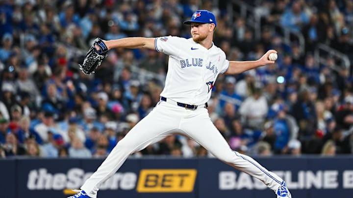 May 10, 2026; Toronto, Ontario, CAN; Toronto Blue Jays starting pitcher Eric Lauer (56) throws a pitch against the Los Angeles Angels in the fifth inning at Rogers Centre. Mandatory Credit: David Kirouac-Imagn Images
