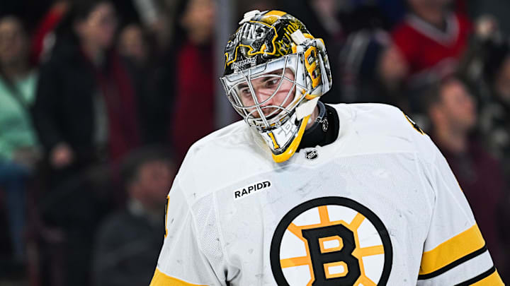 Mar 17, 2026; Montreal, Quebec, CAN; Boston Bruins Jeremy Jeremy Swayman (1) looks on against the Montreal Canadiens during the second period at Bell Centre. Mandatory Credit: David Kirouac-Imagn Images
