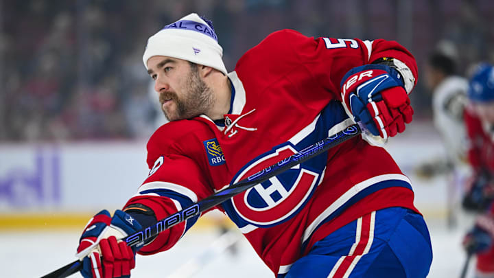 Nov 23, 2024; Montreal, Quebec, CAN; Montreal Canadiens defenseman David Savard (58) looks on wearing a Hockey fights cancer tuque during warm-up before the game against the Las Vegas Golden Knights at Bell Centre. Mandatory Credit: David Kirouac-Imagn Images Nov 23, 2024; Montreal, Quebec, CAN; Montreal Canadiens defenseman David Savard (58) looks on wearing a Hockey fights cancer tuque during warm-up before the game against the Las Vegas Golden Knights at Bell Centre. Mandatory Credit: David Kirouac-Imagn Images
