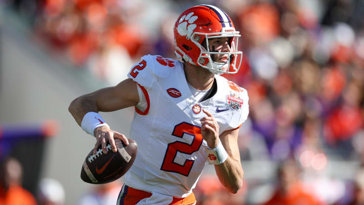 Dec 29, 2023; Jacksonville, FL, USA;  Clemson Tigers quarterback Cade Klubnik (2) looks to pass the ball against the Kentucky Wildcats in the second quarter during the Gator Bowl at EverBank Stadium.