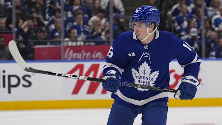 Apr 20, 2025; Toronto, Ontario, CAN; Toronto Maple Leafs forward Mitch Marner (16) skates against the Ottawa Senators during the second period of game one of the first round of the 2025 Stanley Cup Playoffs at Scotiabank Arena. Mandatory Credit: John E. Sokolowski-Imagn Images