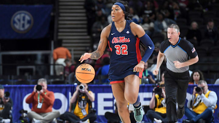 Ole Miss Rebels forward Cotie McMahon (32) drives to the basket Saturday, March 7, 2026, during the SEC Women's Basketball Tournament semifinals game against the Texas Longhorns at Bon Secours Wellness Arena in Greenville, South Carolina. Texas Longhorns won 85-68.