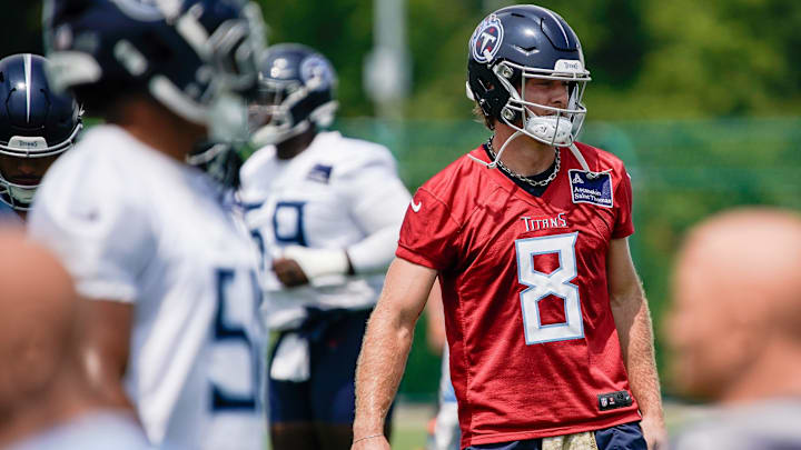 Tennessee Titans quarterback Will Levis (8) prepares for a drill during minicamp practice at Ascension Saint Thomas Sports Park in Nashville, Tenn., Wednesday, June 11, 2025.