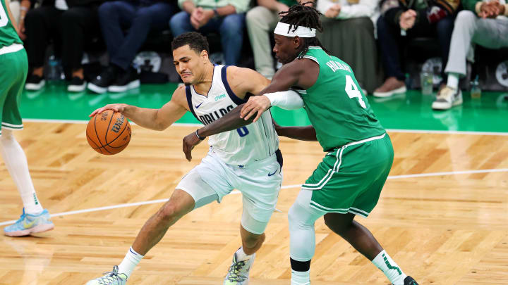 Jun 17, 2024; Boston, Massachusetts, USA; Dallas Mavericks guard Josh Green (8) drives to the basket against Boston Celtics guard Jrue Holiday (4) in game five of the 2024 NBA Finals at TD Garden. Mandatory Credit: Peter Casey-USA TODAY Sports Jun 17, 2024; Boston, Massachusetts, USA; Dallas Mavericks guard Josh Green (8) drives to the basket against Boston Celtics guard Jrue Holiday (4) in game five of the 2024 NBA Finals at TD Garden. Mandatory Credit: Peter Casey-USA TODAY Sports