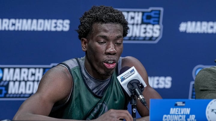 Mar 20, 2024; Charlotte, NC, USA; Wagner Seahawks guard Melvin Council Jr. (11) addresses the media after the NCAA first round practice session at Spectrum Center. Mandatory Credit: Jim Dedmon-Imagn Images