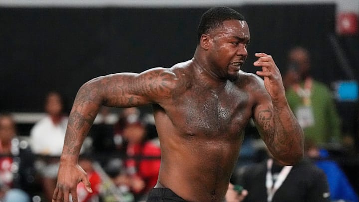 Former Georgia defensive lineman Mykel Williams runs a drill during UGA Footballs Pro Day in Athens, Ga., on Wednesday, March 12, 2025. Representatives from all 32 NFL teams are on hand to watch former UGA football players in action. Former Georgia defensive lineman Mykel Williams runs a drill during UGA Footballs Pro Day in Athens, Ga., on Wednesday, March 12, 2025. Representatives from all 32 NFL teams are on hand to watch former UGA football players in action.