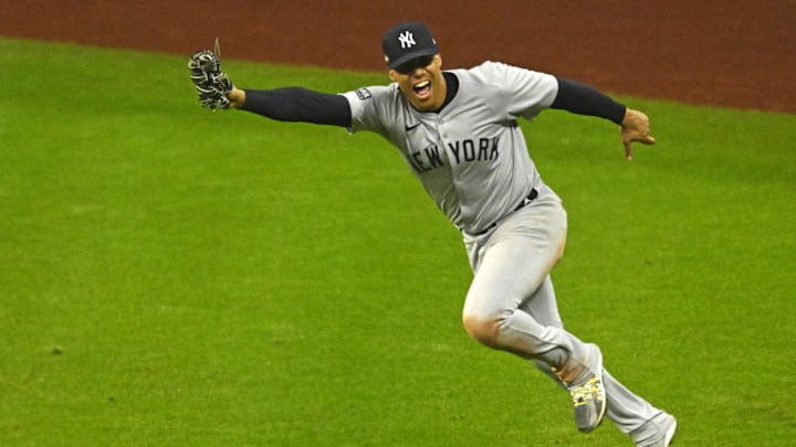 Oct 19, 2024; Cleveland, Ohio, USA; New York Yankees outfielder Juan Soto (22) makes the final out during the tenth inning to beat the Cleveland Guardians during game five of the ALCS for the 2024 MLB playoffs at Progressive Field.