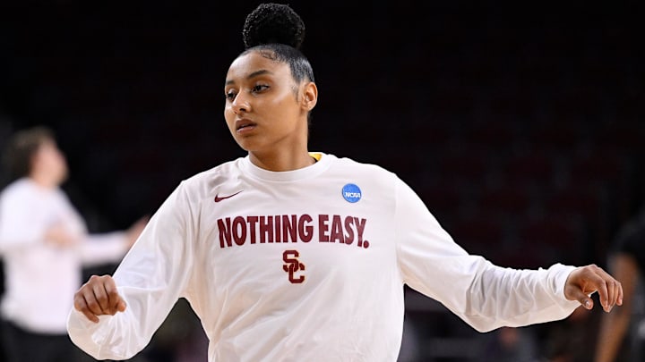 Mar 24, 2025; Los Angeles, California, USA; USC Trojans guard JuJu Watkins during pregame warmup before an NCAA Tournament second round game against the Mississippi State Bulldogs at Galen Center. Mandatory Credit: Robert Hanashiro-Imagn Images