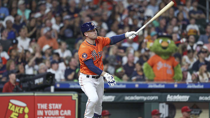 Sep 20, 2024; Houston, Texas, USA; Houston Astros third baseman Alex Bregman (2) hits a home run during the third inning against the Los Angeles Angels at Minute Maid Park. 