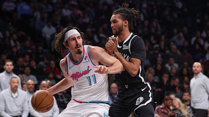 Feb 7, 2025; Brooklyn, New York, USA; Miami Heat guard Jaime Jaquez Jr. (11) is guarded by Brooklyn Nets forward Ziaire Williams (8) during the second half at Barclays Center. Mandatory Credit: Vincent Carchietta-Imagn Images Feb 7, 2025; Brooklyn, New York, USA; Miami Heat guard Jaime Jaquez Jr. (11) is guarded by Brooklyn Nets forward Ziaire Williams (8) during the second half at Barclays Center. Mandatory Credit: Vincent Carchietta-Imagn Images