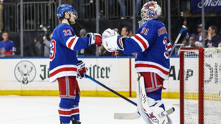 Apr 21, 2024; New York, New York, USA; New York Rangers defenseman Adam Fox (23) and goaltender Igor Shesterkin (31) congratulate each other after defeating the Washington Capitals 4-1 in game one of the first round of the 2024 Stanley Cup Playoffs at Madison Square Garden. Mandatory Credit: Wendell Cruz-USA TODAY Sports Apr 21, 2024; New York, New York, USA; New York Rangers defenseman Adam Fox (23) and goaltender Igor Shesterkin (31) congratulate each other after defeating the Washington Capitals 4-1 in game one of the first round of the 2024 Stanley Cup Playoffs at Madison Square Garden. Mandatory Credit: Wendell Cruz-USA TODAY Sports