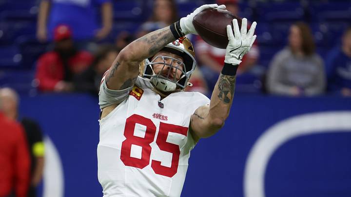 Dec 22, 2025; Indianapolis, Indiana, USA; San Francisco 49ers tight end George Kittle (85) warms up before the game against the Indianapolis Colts at Lucas Oil Stadium. Mandatory Credit: Trevor Ruszkowski-Imagn Images Dec 22, 2025; Indianapolis, Indiana, USA; San Francisco 49ers tight end George Kittle (85) warms up before the game against the Indianapolis Colts at Lucas Oil Stadium. Mandatory Credit: Trevor Ruszkowski-Imagn Images