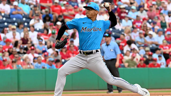 Mar 1, 2024; Clearwater, Florida, USA;  Miami Marlins pitcher Jesus Luzardo (44) throws a pitch in the first inning of the spring training game against the Philadelphia Phillies at BayCare Ballpark.