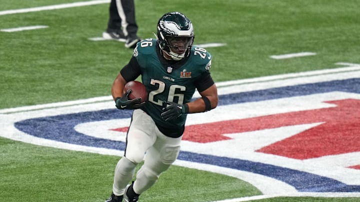Feb 9, 2025; New Orleans, LA, USA; Philadelphia Eagles running back Saquon Barkley (26) rushes the ball against the Kansas City Chiefs during the third quarter in Super Bowl LIX  at Caesars Superdome. Mandatory Credit: Kirby Lee-Imagn Images