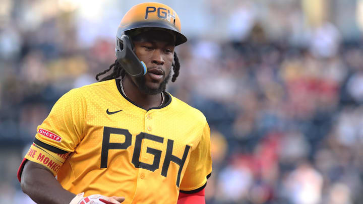 Apr 18, 2025; Pittsburgh, Pennsylvania, USA;  Pittsburgh Pirates center fielder Oneil Cruz (15) circles the bases after a solo home run against the Cleveland Guardians during the first inning at PNC Park. Mandatory Credit: Charles LeClaire-Imagn Images