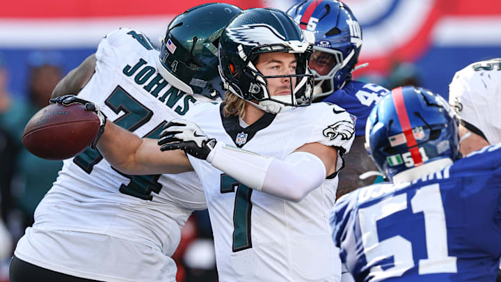 Oct 20, 2024; East Rutherford, New Jersey, USA; Philadelphia Eagles quarterback Kenny Pickett (7) throws the ball during the second half against the New York Giants at MetLife Stadium. Mandatory Credit: Vincent Carchietta-Imagn Images