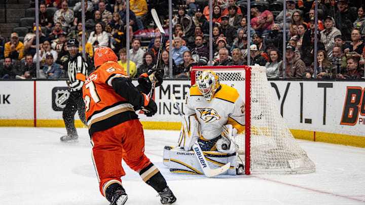 Apr 4, 2026; Anaheim, California, USA; Anaheim Ducks defenseman Olen Zellweger (51) takes a shot on goal during the second period against the Nashville Predators at Honda Center. Nashville Predators goaltender Justus Annunen (29) blocks the shot Mandatory Credit: Corinne Votaw-Imagn Images Apr 4, 2026; Anaheim, California, USA; Anaheim Ducks defenseman Olen Zellweger (51) takes a shot on goal during the second period against the Nashville Predators at Honda Center. Nashville Predators goaltender Justus Annunen (29) blocks the shot Mandatory Credit: Corinne Votaw-Imagn Images