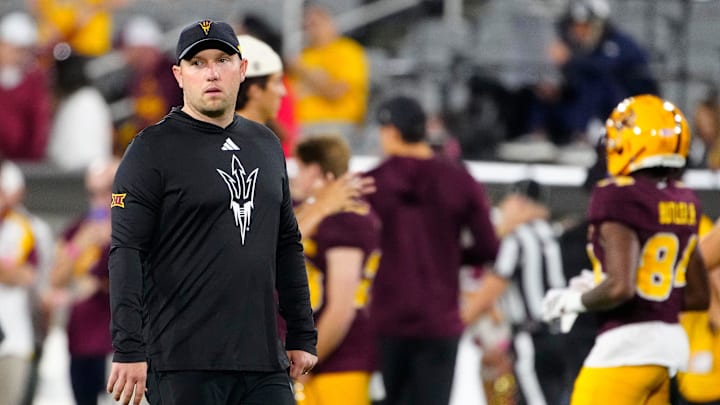 Arizona State head coach Kenny Dillingham walks the field prior to a game against Arizona at Mountain America Stadium in Tempe, on Nov. 28, 2025.
