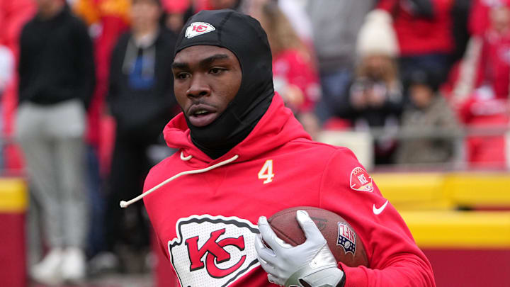 Nov 23, 2025; Kansas City, Missouri, USA; Kansas City Chiefs wide receiver Rashee Rice (4) warms up before the game against the Indianapolis Colts at GEHA Field at Arrowhead Stadium. Mandatory Credit: Denny Medley-Imagn Images