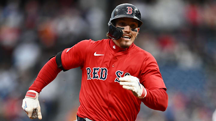Apr 26, 2025; Cleveland, OH, USA; Boston Red Sox left fielder Jarren Duran (16) rounds the bases en route to a triple during the second inning against the Cleveland Guardians at Progressive Field.