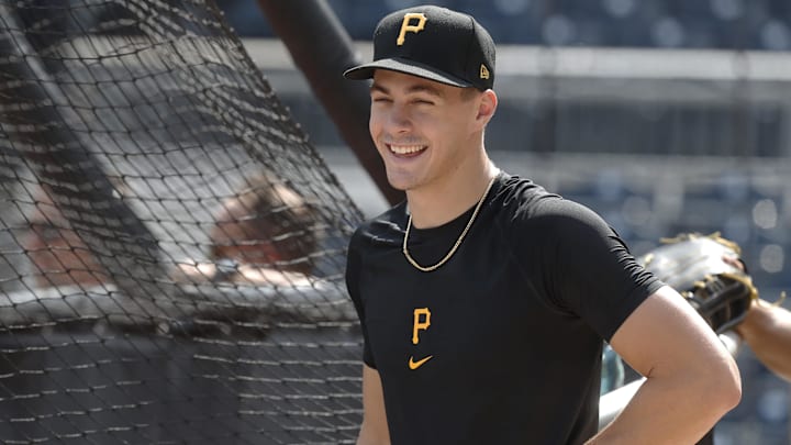 Pittsburgh Pirates shortstop Konnor Griffin, the ninth overall pick in the first round of the 2024 First-Year Player Draft, looks on at the batting cage before a game against the Arizona Diamondbacks at PNC Park. Mandatory Credit: Charles LeClaire-Imagn Images