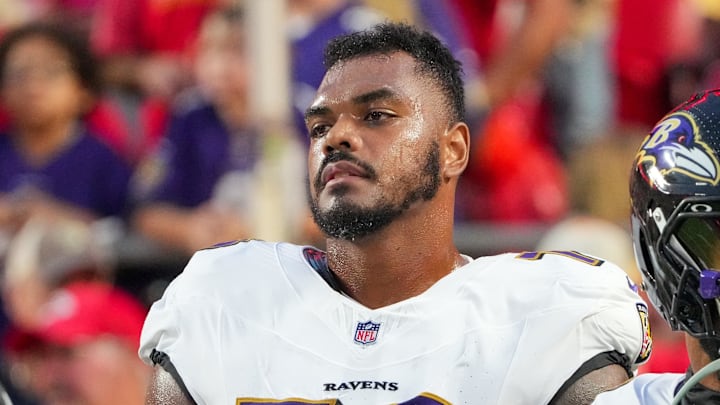 Sep 5, 2024; Kansas City, Missouri, USA; Baltimore Ravens offensive tackle Ronnie Stanley (79) on field prior to a game against the Kansas City Chiefs at GEHA Field at Arrowhead Stadium. Mandatory Credit: Denny Medley-Imagn Images