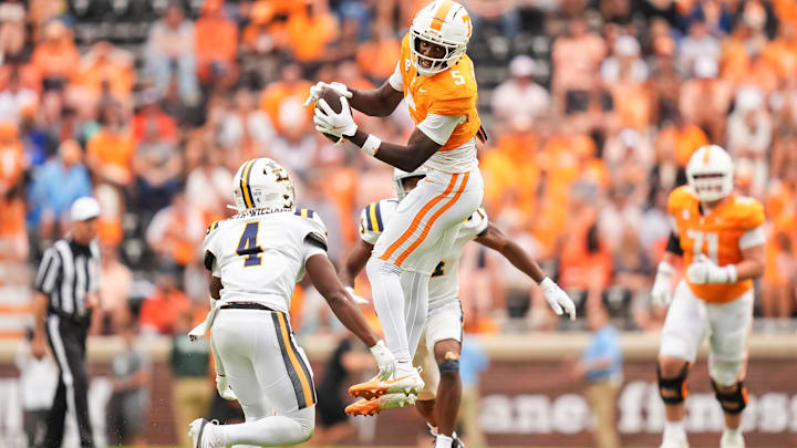 Tennessee wide receiver Radarious Jackson (5) makes a catch during Tennessee's home opener against ETSU at Neyland Stadium in Knoxville, Tenn., on Sept. 6, 2025.