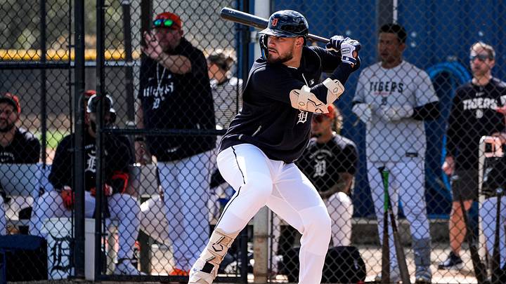 Detroit Tigers catcher Josue Briceño bats at live batting practice during spring training at TigerTown in Lakeland, Fla., on Wednesday, Feb. 18, 2026. Detroit Tigers catcher Josue Briceño bats at live batting practice during spring training at TigerTown in Lakeland, Fla., on Wednesday, Feb. 18, 2026.