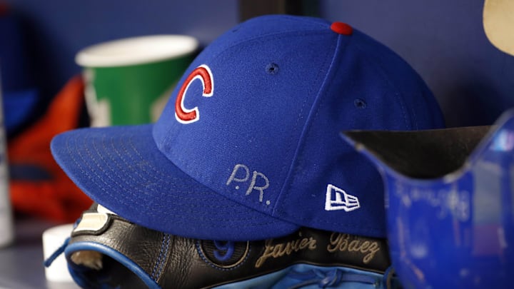 Sep 20, 2017; St. Petersburg, FL, USA; A detailed view of Chicago Cubs third baseman Javier Baez (9) (not pictured) hat and glove with the initials P.R. for his home country Puerto Rico against the Tampa Bay Rays at Tropicana Field.