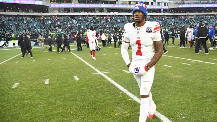 Jan 5, 2025; Philadelphia, Pennsylvania, USA; New York Giants wide receiver Malik Nabers (1) walks off the field after loss to Philadelphia Eagles at Lincoln Financial Field.  
