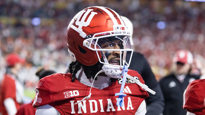 Jan 19, 2026; Miami Gardens, FL, USA; Indiana Hoosiers wide receiver Omar Cooper Jr. (3) against the Miami Hurricanes in the College Football Playoff National Championship game at Hard Rock Stadium. Mandatory Credit: Mark J. Rebilas-Imagn Images