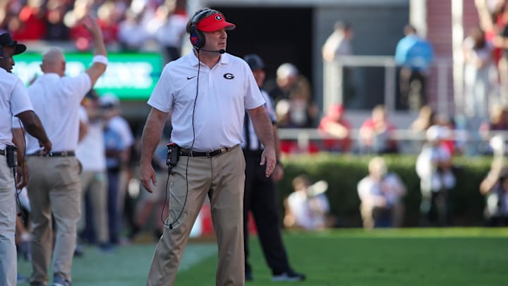 Oct 12, 2024; Athens, Georgia, USA; Georgia Bulldogs head coach Kirby Smart on the sideline against the Mississippi State Bulldogs in the first quarter at Sanford Stadium. Mandatory Credit: Brett Davis-Imagn Images

