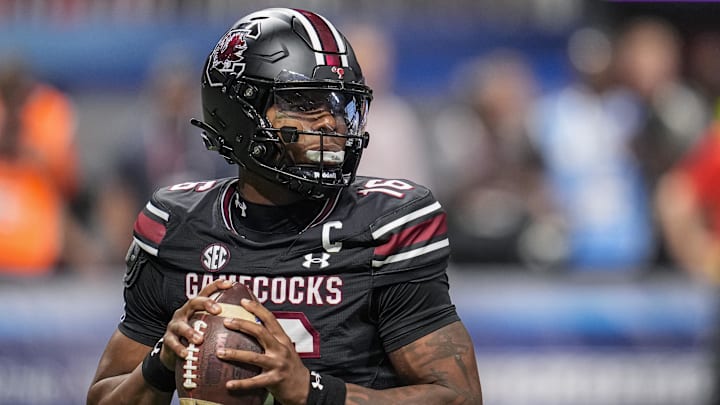 Aug 31, 2025; Atlanta, Georgia, USA; South Carolina Gamecocks quarterback LaNorris Sellers (16) drops back to pass against the Virginia Tech Hokies during the second half at Mercedes-Benz Stadium. Mandatory Credit: Dale Zanine-Imagn Images