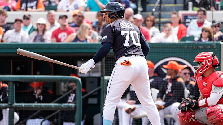Detroit Tigers infielder Jahmai Jones bats against Philadelphia Phillies during the second inning of a Grapefruit League game at Joker Marchant Stadium in Lakeland, Fla. on Saturday, Feb. 22, 2025. Detroit Tigers infielder Jahmai Jones bats against Philadelphia Phillies during the second inning of a Grapefruit League game at Joker Marchant Stadium in Lakeland, Fla. on Saturday, Feb. 22, 2025.
