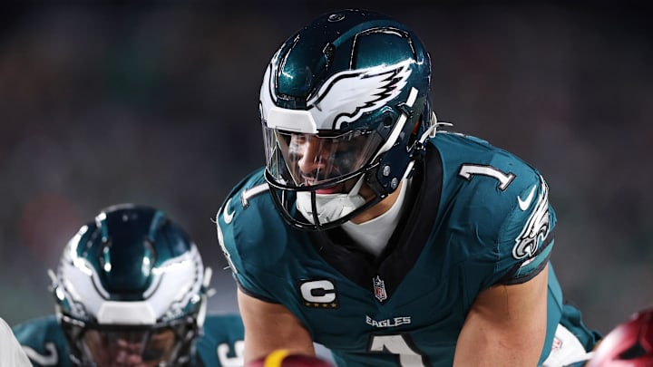 Jan 26, 2025; Philadelphia, PA, USA; Philadelphia Eagles quarterback Jalen Hurts (1) prepares to snap against the Washington Commanders during the second half in the NFC Championship game at Lincoln Financial Field. Mandatory Credit: Bill Streicher-Imagn Images