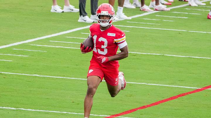 Jul 29, 2026; St. Joseph, MO, USA; Kansas City Chiefs WR Cyrus Allen (13) runs the ball during training camp at Missouri Western State University. Mandatory Credit: Denny Medley-Imagn Images