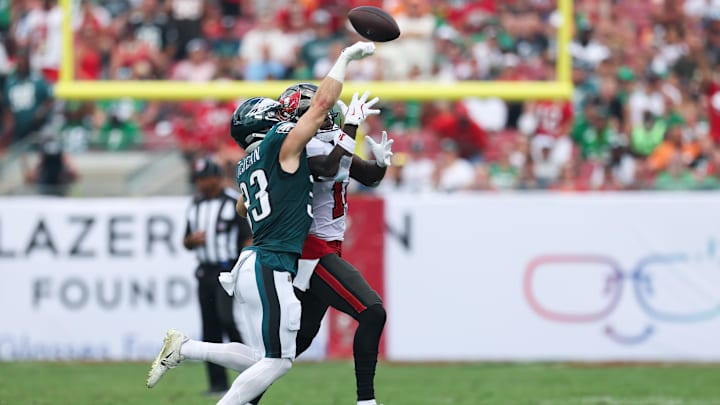 Sep 28, 2025; Tampa, Florida, USA; Philadelphia Eagles cornerback Cooper Dejean (33) tips a pass during the first quarter against Tampa Bay Buccaneers at Raymond James Stadium. Mandatory Credit: Nathan Ray Seebeck-Imagn Images